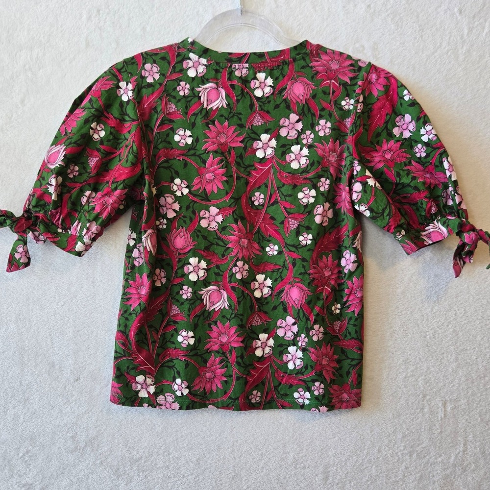 Zara Womens Floral Puff Sleeve Top Cotton Casual Boho Green Pink Size S - Picture 7 of 10